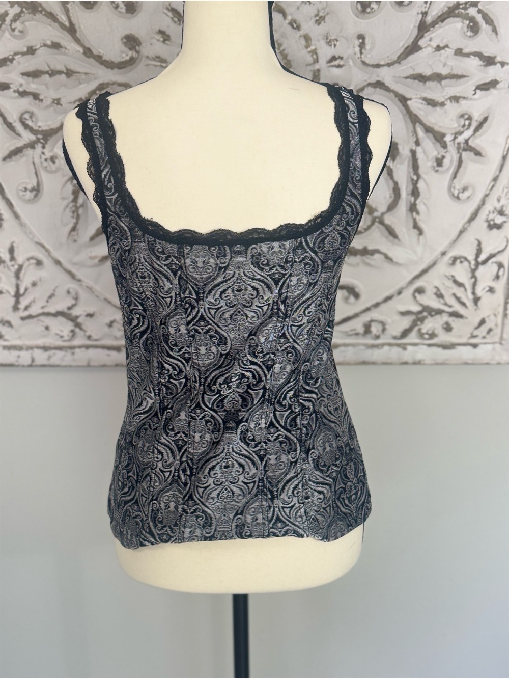White House Black Market Black & Gray Corset Style Tank Top-Size Small